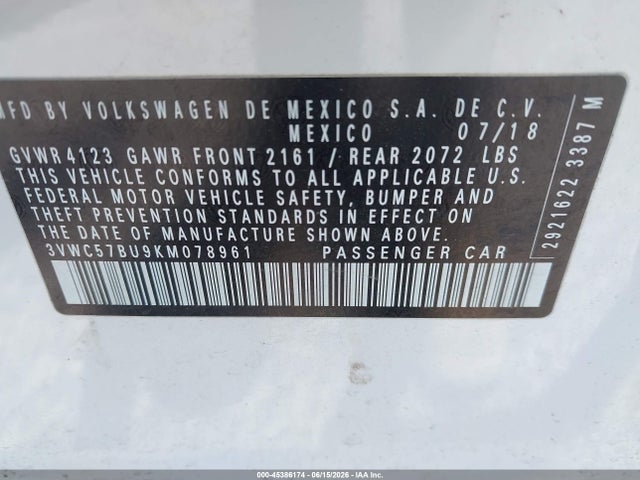 45386174 :رقم المزاد ، 3VWC57BU9KM078961 vin ، 2019 Volkswagen Jetta 1.4t R-line/1.4t S/1.4t Se مزاد بيع