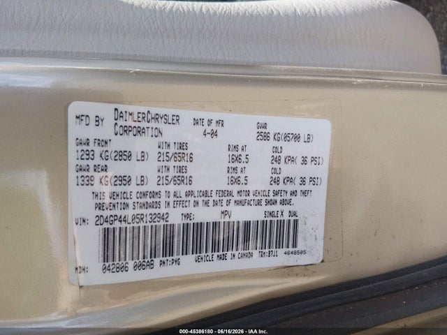 Продажа на аукционе авто 2005 Dodge Caravan Sxt, vin: 2D4GP44L05R132942, номер лота: 45386180