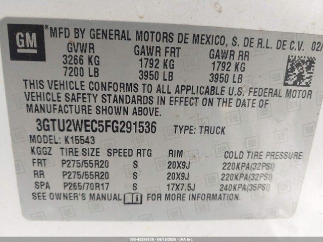 2015 Gmc Sierra 1500 Denali მანქანა იყიდება აუქციონზე, vin: 3GTU2WEC5FG291536, აუქციონის ნომერი: 45386186