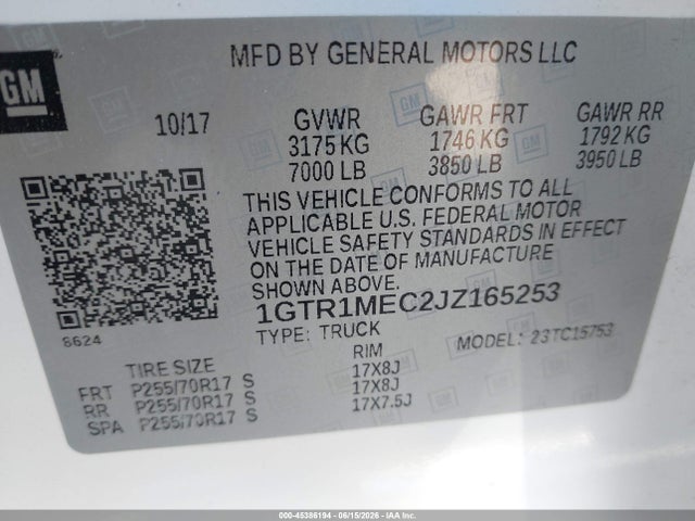 Продаж на аукціоні авто 2018 Gmc Sierra 1500 Sle, vin: 1GTR1MEC2JZ165253, номер лоту: 45386194