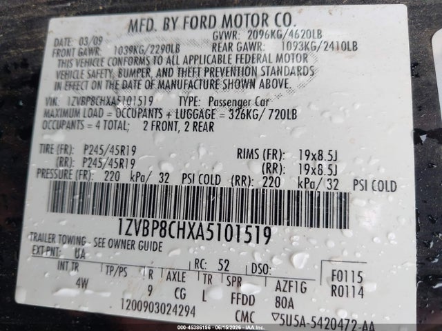 Продаж на аукціоні авто 2010 Ford Mustang Gt/gt Premium, vin: 1ZVBP8CHXA5101519, номер лоту: 45386196