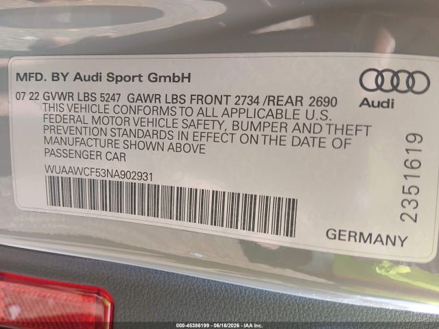 WUAAWCF53NA902931 Audi Rs 5 Sportback Tfsi Quattro Tiptronic