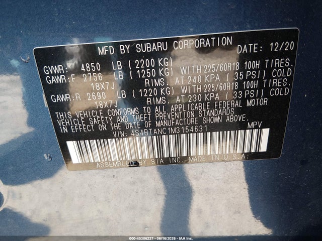 Aukcja sprzedaży 2021 Subaru Outback Limited, vin: 4S4BTANC1M3154631, numer aukcji: 45386227