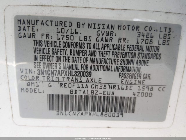 Aukcja sprzedaży 2017 Nissan Versa 1.6 Sv, vin: 3N1CN7APXHL820039, numer aukcji: 45386237