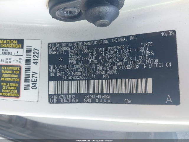 2010 Toyota Sienna Xle მანქანა იყიდება აუქციონზე, vin: 5TDYK4CC2AS331011, აუქციონის ნომერი: 45386248