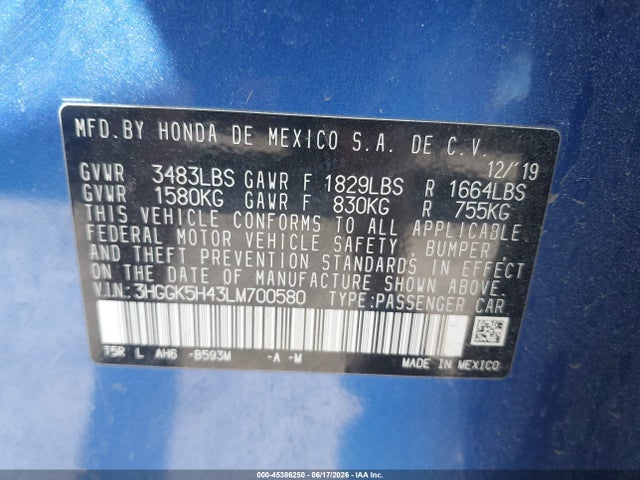 Aukcja sprzedaży 2020 Honda Fit Lx, vin: 3HGGK5H43LM700580, numer aukcji: 45386250
