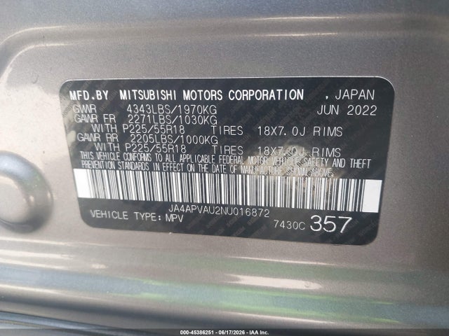 Продаж на аукціоні авто 2022 Mitsubishi Outlander Sport 2.0 Se 2wd, vin: JA4APVAU2NU016872, номер лоту: 45386251
