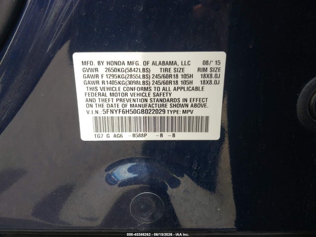 Honda Pilot Ex-l 2016 5FNYF6H50GB022029 Image 9