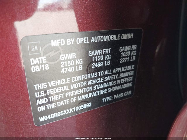 Продаж на аукціоні авто 2019 Buick Regal Sportback Awd Essence, vin: W04GR6SXXK1005893, номер лоту: 45386283