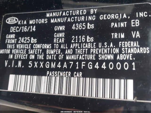 45386303 :رقم المزاد ، 5XXGM4A71FG440001 vin ، 2015 Kia Optima Lx مزاد بيع