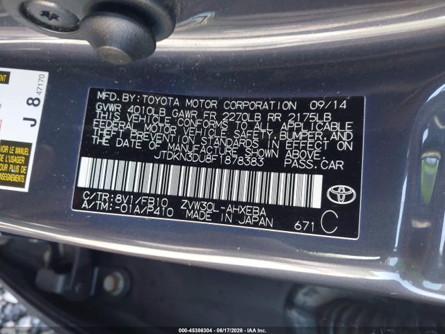 Toyota Prius Two 2015 JTDKN3DU8F1878383 Image 9