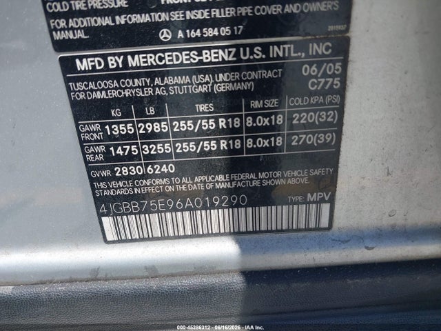 2006 Mercedes-benz Ml 500 4matic მანქანა იყიდება აუქციონზე, vin: 4JGBB75E96A019290, აუქციონის ნომერი: 45386312