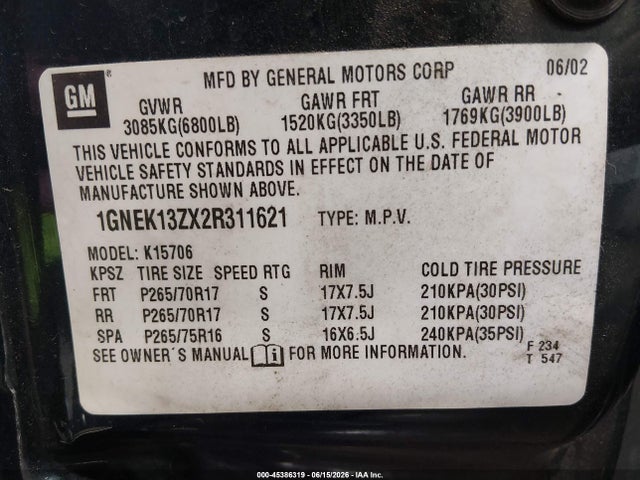 45386319 :رقم المزاد ، 1GNEK13ZX2R311621 vin ، 2002 Chevrolet Tahoe Z71 مزاد بيع
