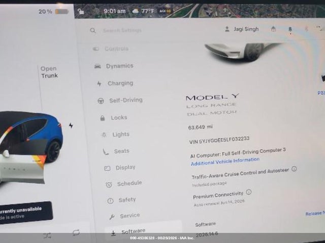 2020 Tesla Model Y Long Range Dual Motor All-wheel Drive მანქანა იყიდება აუქციონზე, vin: 5YJYGDEE5LF032233, აუქციონის ნომერი: 45386328