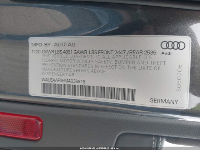 Продаж на аукціоні авто 2021 Audi A4 Premium Plus 45 Tfsi S Line Quattro S Tronic, vin: WAUEAAF46MA039918, номер лоту: 45386338
