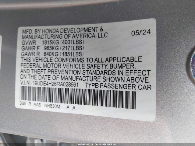 45386339 :رقم المزاد ، 19UDE4H26RA028961 vin ، 2024 Acura Integra مزاد بيع