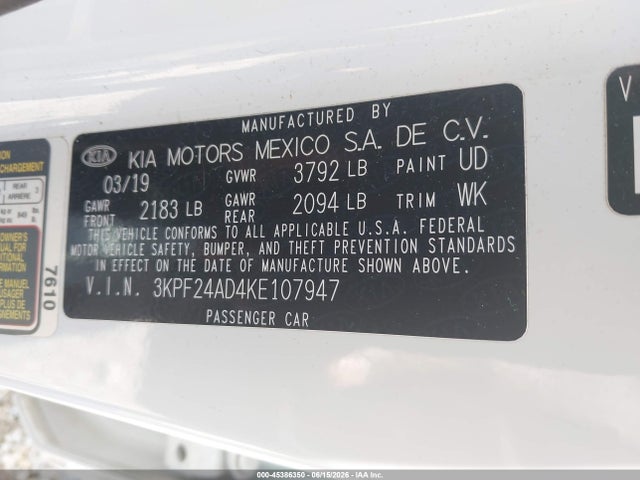 Продажа на аукционе авто 2019 Kia Forte Lxs, vin: 3KPF24AD4KE107947, номер лота: 45386350