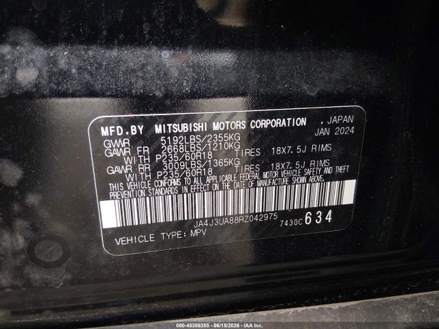 Aukcja sprzedaży 2024 Mitsubishi Outlander Es 2.5 2wd, vin: JA4J3UA88RZ042975, numer aukcji: 45386355