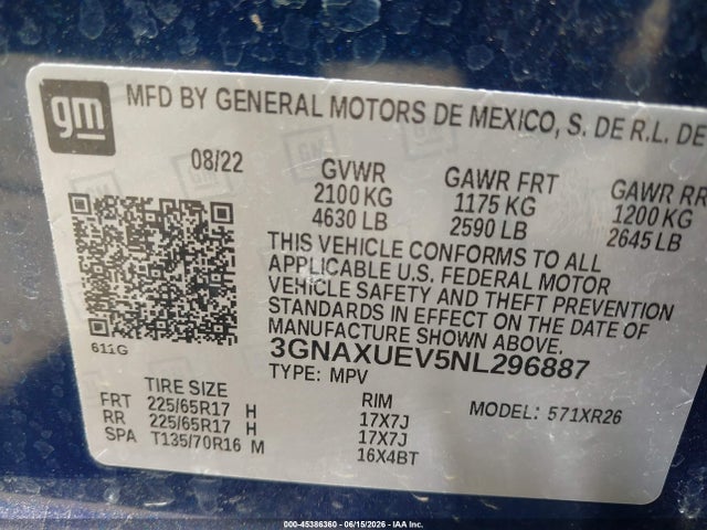 3GNAXUEV5NL296887 Chevrolet Equinox Awd Lt