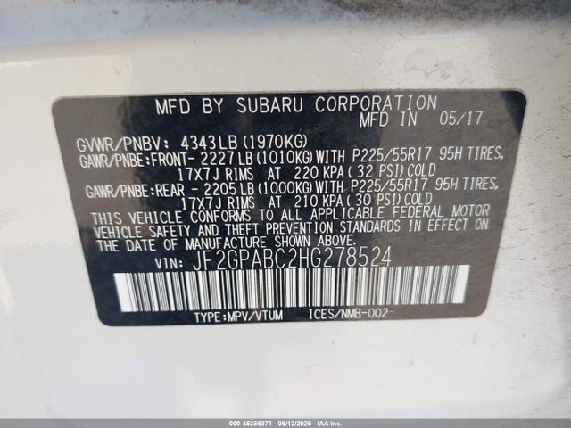 45386371 :رقم المزاد ، JF2GPABC2HG278524 vin ، 2017 Subaru Crosstrek 2.0i Premium مزاد بيع