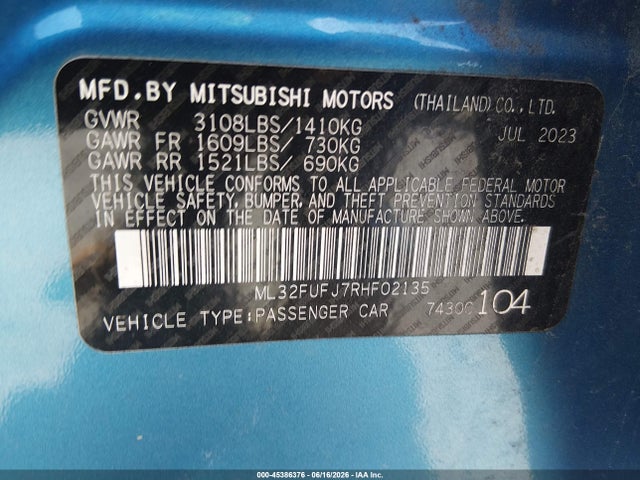 Продажа на аукционе авто 2024 Mitsubishi Mirage G4 Es, vin: ML32FUFJ7RHF02135, номер лота: 45386376