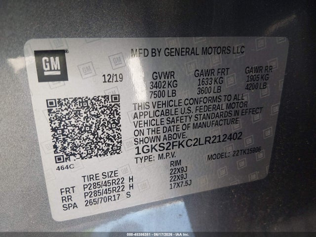Продажа на аукционе авто 2020 Gmc Yukon Xl 4wd Sle, vin: 1GKS2FKC2LR212402, номер лота: 45386381