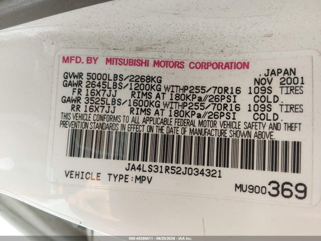 Aukcja sprzedaży 2002 Mitsubishi Montero Sport Xls, vin: JA4LS31R52J034321, numer aukcji: 45386411