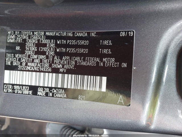 45386416 :رقم المزاد ، 2T2ZZMCA7KC149356 vin ، 2019 Lexus Rx 350 مزاد بيع