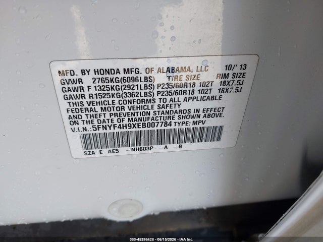 Honda Pilot Touring 2014 5FNYF4H9XEB007784 Image 9