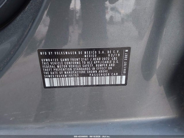 2019 Volkswagen Jetta 1.4t Sel მანქანა იყიდება აუქციონზე, vin: 3VWE57BU4KM166793, აუქციონის ნომერი: 45386505