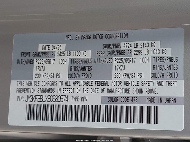 45386511 :رقم المزاد ، JM3KFBBLXS0680574 vin ، 2025 Mazda Cx-5 2.5 S Select مزاد بيع