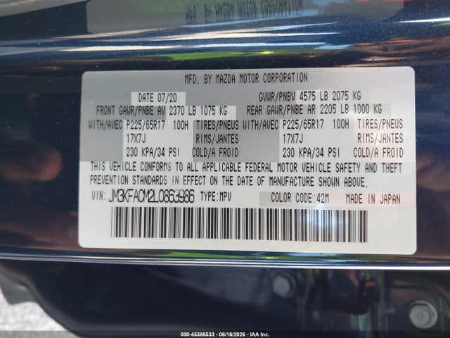 Продаж на аукціоні авто 2020 Mazda Cx-5 Touring, vin: JM3KFACM2L0863986, номер лоту: 45386533