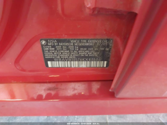 Продаж на аукціоні авто 2006 Bmw 325i, vin: WBAVB13576KX43536, номер лоту: 45386535