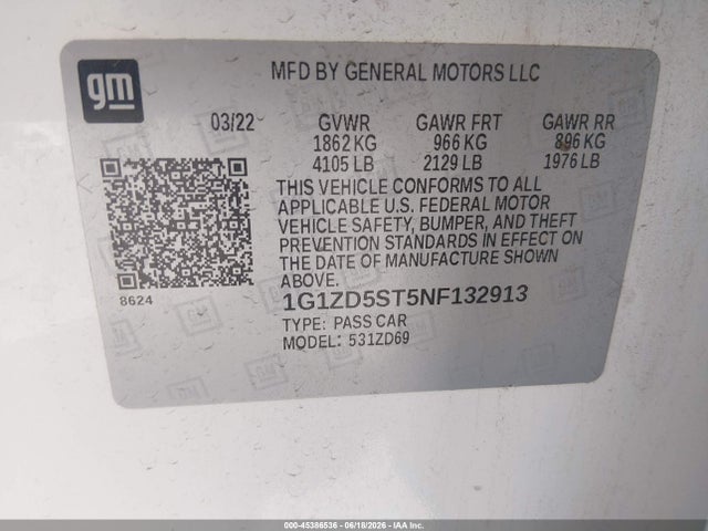 1G1ZD5ST5NF132913 Chevrolet Malibu Fwd Lt