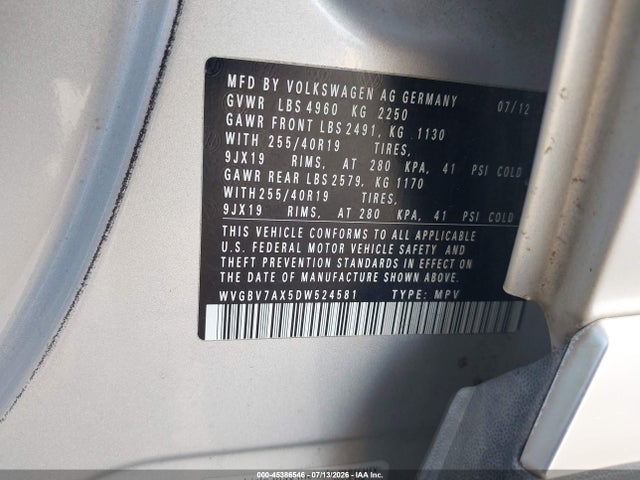 Aukcja sprzedaży 2013 Volkswagen Tiguan Sel, vin: WVGBV7AX5DW524581, numer aukcji: 45386546