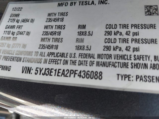 Продажа на аукционе авто 2023 Tesla Model 3 Rear-wheel Drive, vin: 5YJ3E1EA2PF436088, номер лота: 45386565