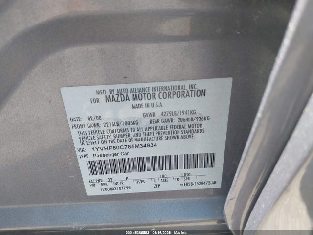 2008 Mazda Mazda6 I Sport Ve მანქანა იყიდება აუქციონზე, vin: 1YVHP80C785M34934, აუქციონის ნომერი: 45386583