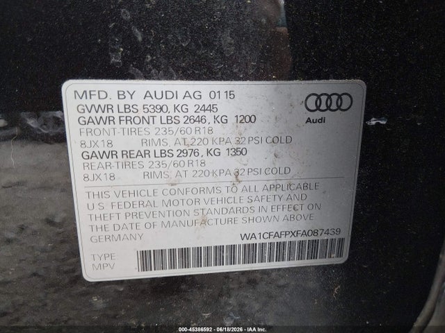 Продажа на аукционе авто 2015 Audi Q5 2.0t Premium, vin: WA1CFAFPXFA087439, номер лота: 45386592