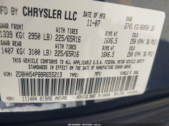 Aukcja sprzedaży 2008 Dodge Grand Caravan Sxt, vin: 2D8HN54P88R655213, numer aukcji: 45386593