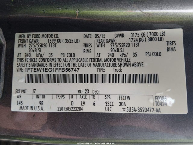 45386637 :رقم المزاد ، 1FTEW1EG1FFB56747 vin ، 2015 Ford F-150 Platinum مزاد بيع
