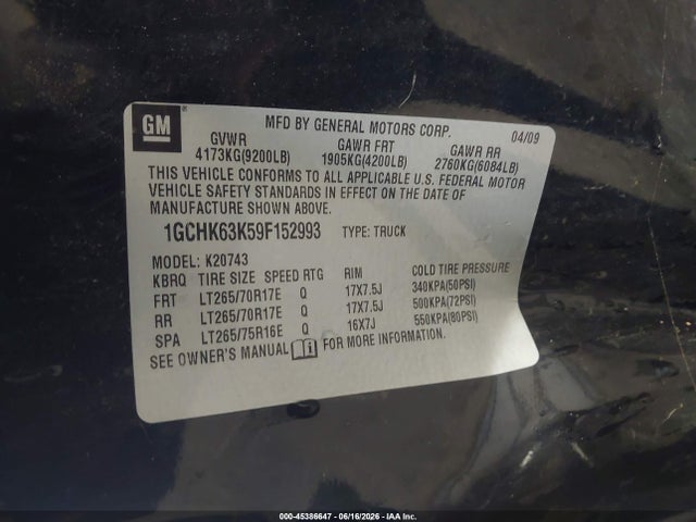 Auction sale of the 2009 Chevrolet Silverado 2500hd Ltz, vin: 1GCHK63K59F152993, lot number: 45386647