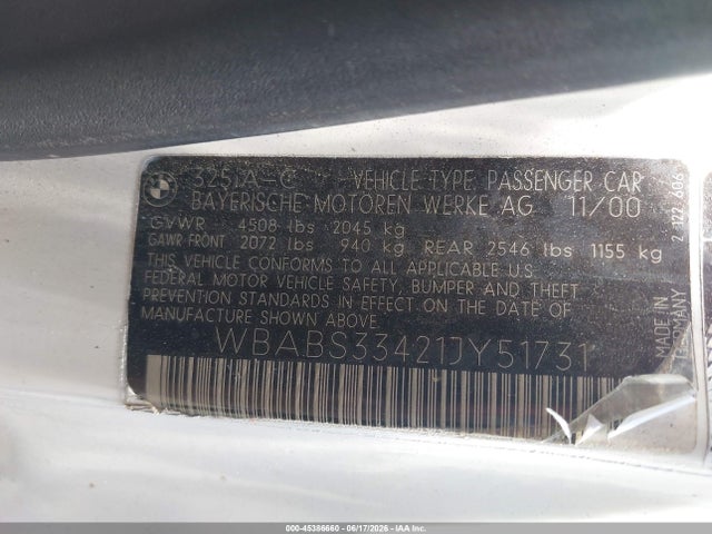 Aukcja sprzedaży 2001 Bmw 325ci, vin: WBABS33421JY51731, numer aukcji: 45386660