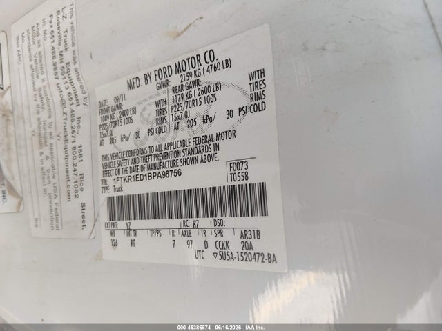 45386674 :رقم المزاد ، 1FTKR1ED1BPA98756 vin ، 2011 Ford Ranger Xl مزاد بيع