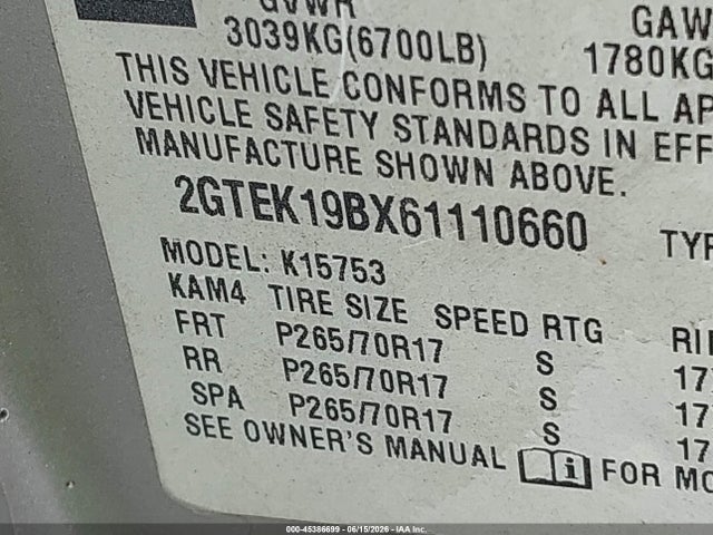 2006 Gmc Sierra 1500 Sle1 მანქანა იყიდება აუქციონზე, vin: 2GTEK19BX61110660, აუქციონის ნომერი: 45386699