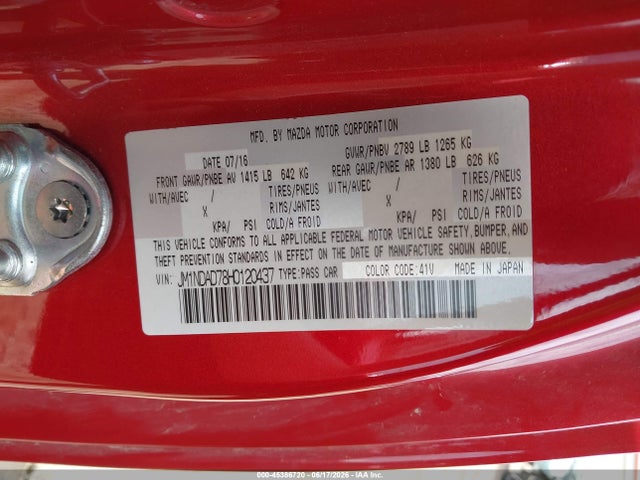 45386720 :رقم المزاد ، JM1NDAD78H0120437 vin ، 2017 Mazda Mx-5 Miata Grand Touring مزاد بيع