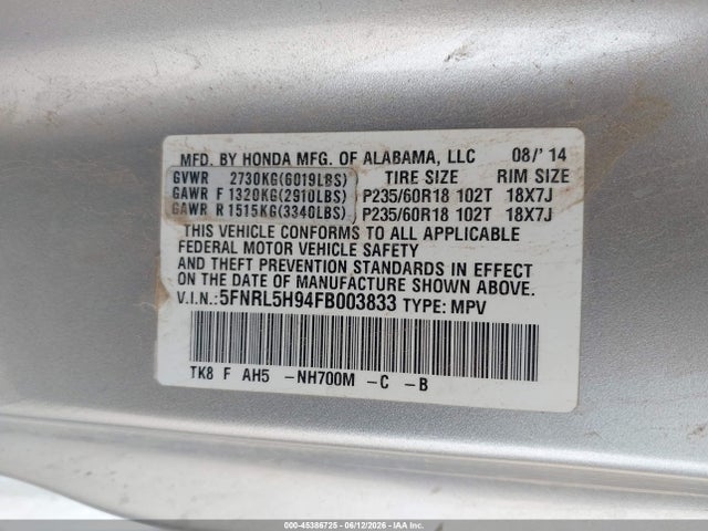 Продажа на аукционе авто 2015 Honda Odyssey Touring/touring Elite, vin: 5FNRL5H94FB003833, номер лота: 45386725