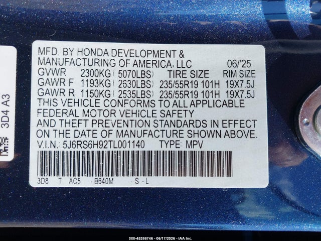 5J6RS6H92TL001140 Honda Cr-v Hybrid Awd Sport Touring