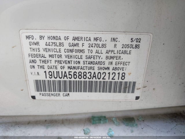 45386754 :رقم المزاد ، 19UUA56883A021218 vin ، 2003 Acura Tl 3.2 Type S مزاد بيع