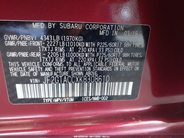 Subaru Crosstrek 2.0i Premium 2019 JF2GTACCXK8308610 Image 9