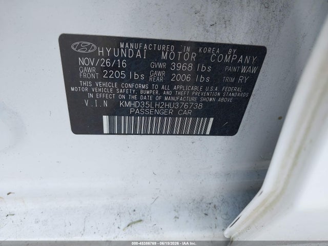 Aukcja sprzedaży 2017 Hyundai Elantra Gt, vin: KMHD35LH2HU376738, numer aukcji: 45386769
